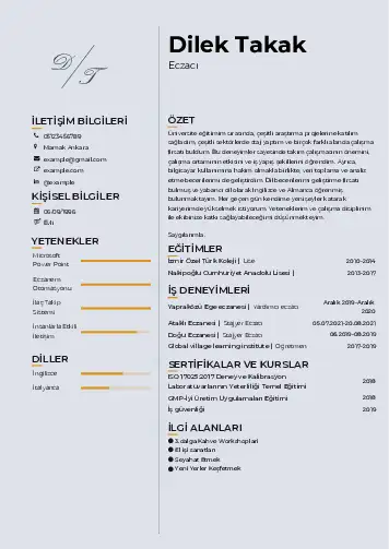 Eczacı CV Örnekleri cv indir